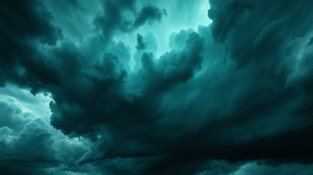 Dramatic dark stormy sky with glowing clouds as abstract backgroundの写真素材