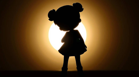 Silhouette of a little girl standing in front of the sunの写真素材