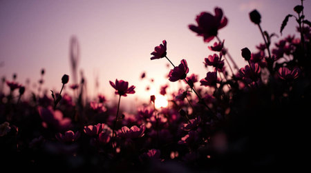 Pink cosmos flowers in the field at sunset, vintage color tone.の写真素材