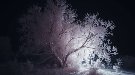 Frosty tree at night in winter. 3D rendering.の写真素材