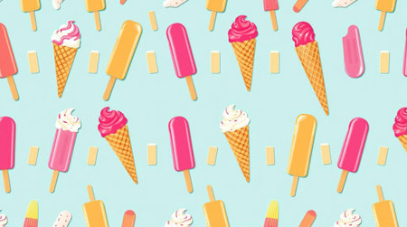 Seamless pattern with ice cream on blue background. Vector illustration.の写真素材