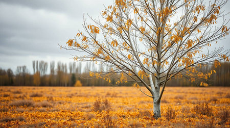 Autumn landscape with lonely tree in the middle of the field.の写真素材