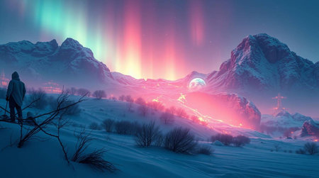 Fantasy winter landscape with snow covered mountains and aurora borealisの写真素材