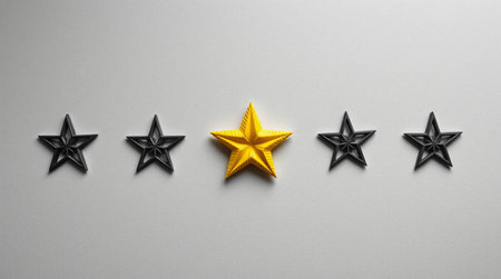 Five gold stars on a white background. 3d rendering, 3d illustration.