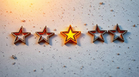 Five golden stars on a white background. The concept of rating and ranking.