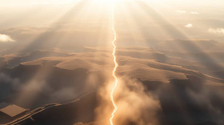Aerial view of sunbeams shining through the clouds in the desertの写真素材