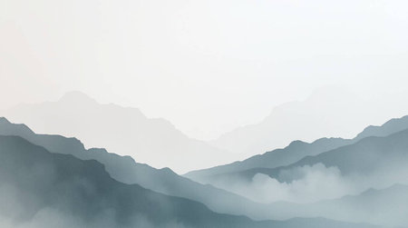 Mountain landscape with fog in the morning, digital painting style.の写真素材