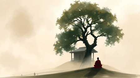 Illustration of a monk sitting on a hill with a tree in the background
