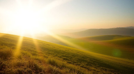 Mountain landscape with sunbeams. Sunrise in Tuscany, Italy
