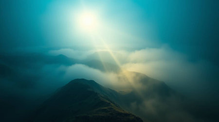 Mountain landscape with fog and sun. View from the top of the mountain.の写真素材