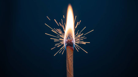 Close-up of a burning match on a dark blue background.の写真素材