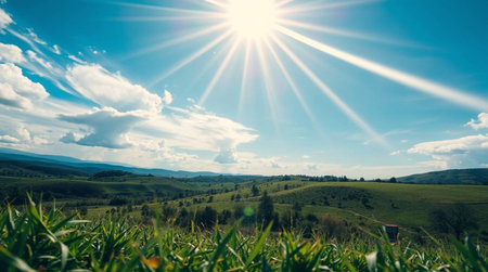 Beautiful summer landscape with green meadow and blue sky with cloudsの写真素材