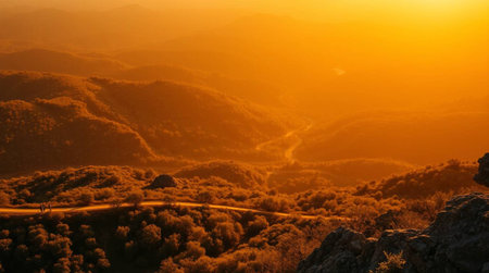 Mountain landscape at sunset, view from the top of the mountainの写真素材