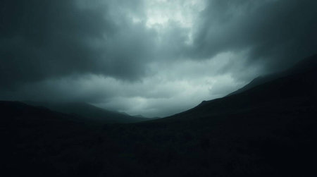 Dramatic dark stormy sky over mountains in Scotland, UK