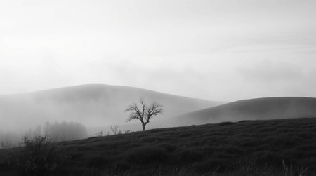 Lonely tree in a foggy field. Black and white