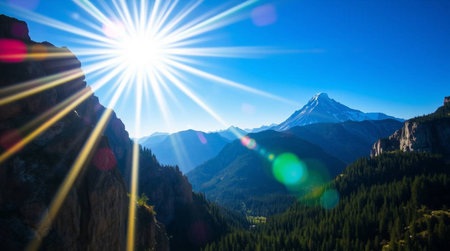Panoramic view of Mount Rainier with lens flare effect, Washington.