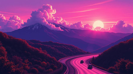 Mt. Fuji and the road in the mountains at sunset.