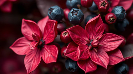 Close up of red and black flowers on a dark background. Selective focus.の写真素材