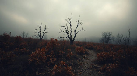 Dry tree in the autumn forest in foggy weather. Autumn landscape.