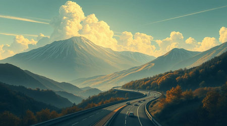 Beautiful mountain landscape with road and blue sky. 3d rendering
