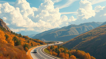 Autumn road in the mountains. Panoramic view of the highway.