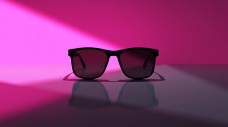 Sunglasses on a black background with a bright pink light.