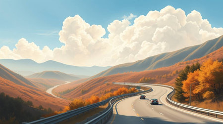 Highway in the autumn mountains. 3d rendering. Computer digital drawing.