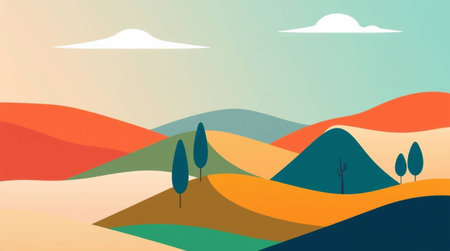 Landscape with mountains, hills and trees. Vector illustration in flat styleの写真素材