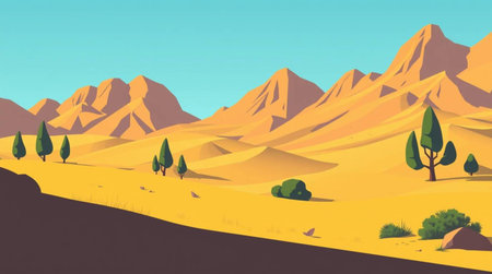 Desert landscape. 3d vector illustration in cartoon style. Landscape with mountains and trees.の写真素材