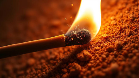 Close up of a match burning on brown powder with shallow depth of field