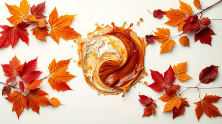 Liquid paint splash with autumn leaves on white background, flat lay. Space for textの写真素材