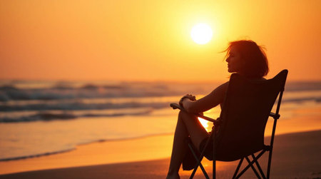 Silhouette of a woman sitting in a chair on the beach at sunsetの写真素材
