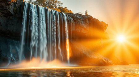 Waterfall at sunset. Panoramic view. Nature composition.