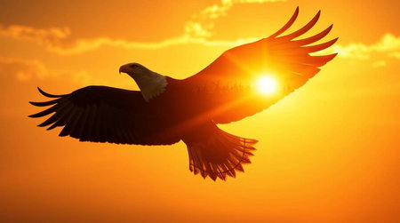 Bald Eagle in flight against the setting sun. 3d renderingの写真素材