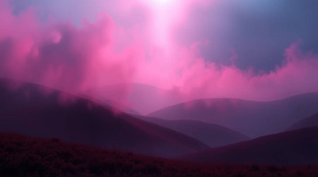Dramatic sunset over the mountains. 3d render illustration.の写真素材