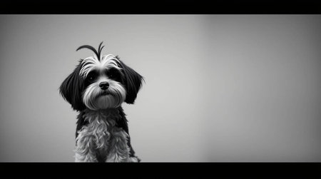 Shih tzu dog in front of a white wall with space for text