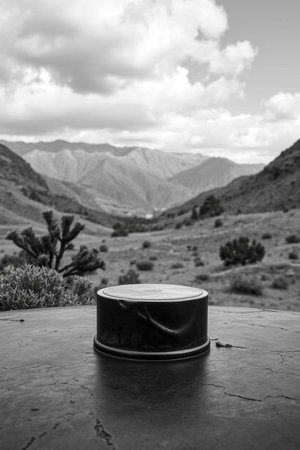 Black and white picture of a can on a background of the mountainsの写真素材