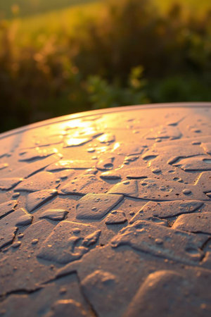 Water drops on the surface of the table in the evening sun.