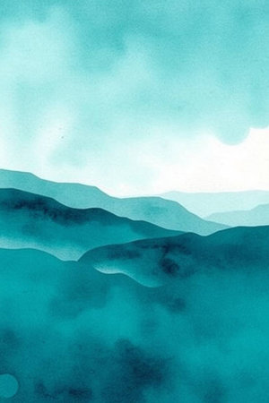 Watercolor landscape with mountains in the fog. Hand drawn illustration.の写真素材