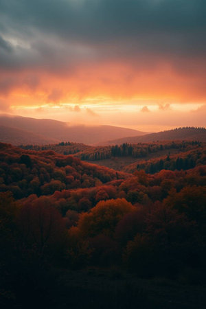 Beautiful autumn landscape. Colorful forest in the mountains at sunsetの写真素材