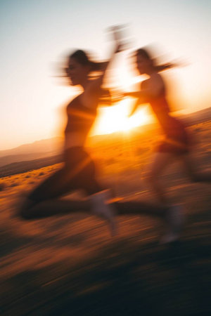 Two young women running together at sunset. Blurred motion.の写真素材