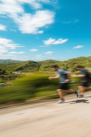 Motion blur of people jogging on a mountain trail.の写真素材
