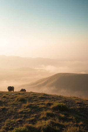 Sheep grazing on the hillside in the morning mist. Ukraineの写真素材