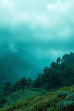 Palm trees in a foggy morning in the mountains of Ecuadorの写真素材