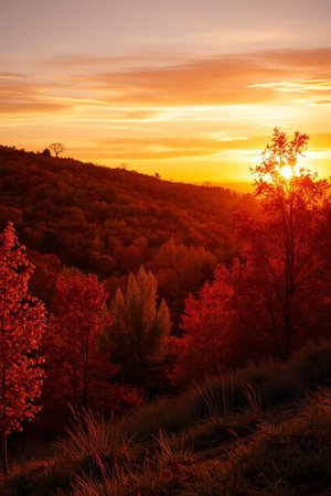 Colorful autumn sunset in the mountains. Colorful autumn landscape.
