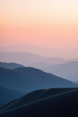 Mountain landscape at sunset. Peaks of hills covered with fog.の写真素材