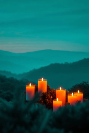 Candles in the winter forest against the backdrop of the mountains.の写真素材