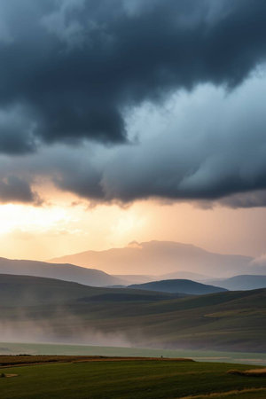 Landscape at sunset with storm cloudsの写真素材
