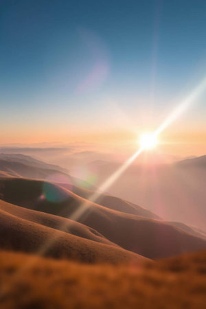 Mountain landscape with sunbeams. Sunrise in the mountains.の写真素材