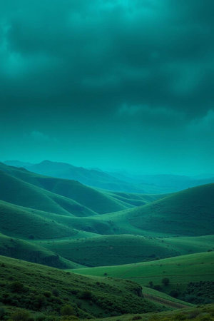 Beautiful green hills under blue sky with clouds. Toned.の写真素材